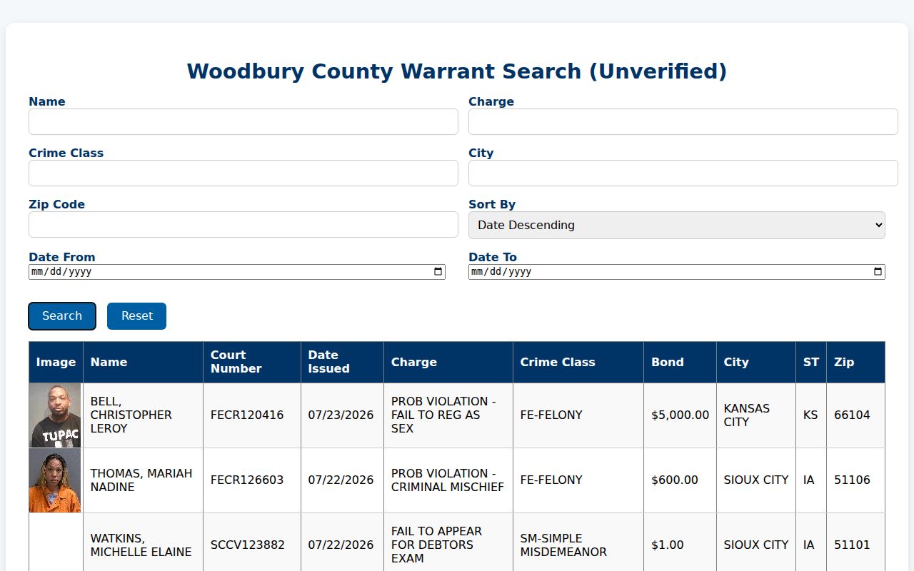 Woodbury County unverified warrant and arrest search